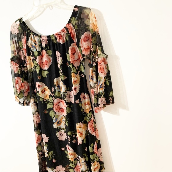 Potter’s Pot Floral Off The Shoulder Lined Dress Sheer Bell Sleeves with Ruffles - Picture 4 of 9